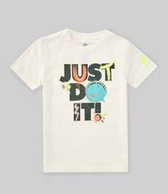 From Nike&#x2C; this t-shirt features:Crew neckShort sleeves'Just Do It" graphic design on front and Nike logo on sleevePullover constructionStraight hemCotton/polyesterMachine wash/tumble dryImported. Kids Shirts Boys, Dillard's, Nike Logo, Just Do It, Kids Boys, Do It, Tee Shirts, Graphic Design, Nike