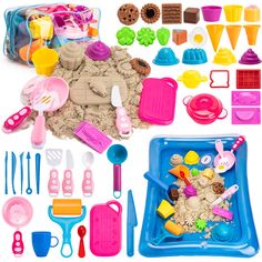 the play set includes toys such as sand, shovels and utensils for cooking