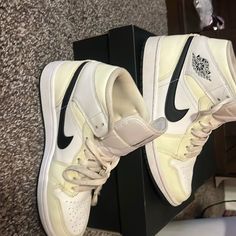 Jordan 1 Mid White Tan White Mid-top Jordan Training Shoes, Luxury Mid-top White Jordan Shoes, Mid-top Leather Jordan Shoes With Contrast Sole, Air Jordan 1 Mid White, Jordan 1 Mid White, Jordan 1 Mid, Jordans For Men, Jordan Shoes, Jordan 1