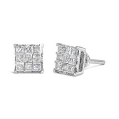 Enveloped in the pure radiance of 10K white gold, these stud earrings are a testament to timeless elegance. Nine natural princess-cut diamonds on each earring collaborate in a celestial dance, their invisible settings conjuring the illusion of a singular, grandiose diamond. The secure screw backs ensure that these treasures remain close, whispering tales of luxury with every turn of the head. Perfect for the connoisseur of classic beauty, they bring a touch of glamour to both daywear and evening White Gold Diamond-shaped Earrings With Diamond Accents, Asscher Cut Single Diamond White Earrings, Fine Jewelry Princess Cut Diamond Earrings With Accents, White Diamond Earrings With Diamond Accents In Asscher Cut, White Gold Diamond Earrings With Princess Cut, White Diamond Earrings With Asscher Cut And Accents, Princess Cut Diamond Earrings With Accents In White Gold, White Diamond Asscher-cut Earrings, Princess Cut White Gold Diamond Earrings With Accents