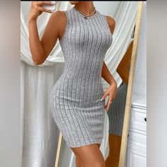 ***Brand New Never Worn *** Solid Ribbed Knit Bodycon Dress Bought On Amazon For $29.99. (See Last Pic). Very Nice Rib- Knit Dress. Comfy & Breathable. Great For Any Occasion. Looks Amazing With Anything From Sneakers To Heels. High Quality And Stylish. Size: M *Size: M Ships Same Day. Other Sizes Available But Will Take 7-10 Days To Ship. Please Message Me If You Need A Different Size.* Color: Grey Style: Sexy Pattern Type: Rib- Knit Details: Rib- Knit Neckline: Round Neck Length: Short Fabric: Contour Dress, Ribbed Knit Bodycon Dress, Ribbed Tank Dress, Knit Tank Dress, Body Contour, Vertical Lines, Sleeveless Bodycon Dress, Body Con Dress, Classy Casual Outfits