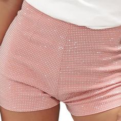 Brand New, Never Worn! Small Waist: 27" Hips: 36"-38" Length (From Waist): 12" Medium Waist: 28" Hips: 36.5"-41" Length (From Waist): 12.5" 20% Cotton, 80% Polyester Color: Light/Soft Pink With Silver Studs Stretch Shiny Short Bottoms, Glamorous Shiny Summer Bottoms, Fitted Shiny Shorts For Summer, Fitted Shiny Short Bottoms, Shiny Stretch Bottoms For Summer, Shiny Fitted Shorts For Party, Shiny Fitted Party Shorts, Shiny Shorts For Summer Party, Shiny Shorts For Summer Night Out