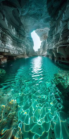 the water is clear and blue in this cave