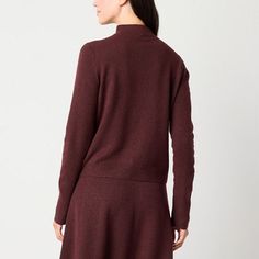 Perfect for layering or wearing on its own, this Worthington women's pullover sweater is a cool-weather must-have thanks to its rich burgundy color and stylish mock neck. It's crafted from knit fabric and offers a modern-fit with long fitted sleeves. Closure Type: Pullover HeadFit: Modern FitNeckline: Mock NeckSleeve Length: Long SleeveSleeve Style: Fitted SleeveApparel Length: 24 InchesFiber Content: 93% Polyester, 4% Nylon, 3% SpandexFabric Description: KnitCare: Tumble Dry, Machine WashCount… Fall Long Sleeve Cardigan With Ribbed Collar, Red Sweater With Ribbed Collar For Fall, Cozy Winter Tops For Layering, Cozy Fit Tops For Winter Layering, Burgundy Long Sleeve Cardigan For Winter, Casual Burgundy Sweater For Fall, Crew Neck Cardigan For Winter Layering, Winter Crew Neck Cardigan For Layering, Burgundy Cardigan For Fall Layering