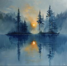 a painting of the sun setting over a lake