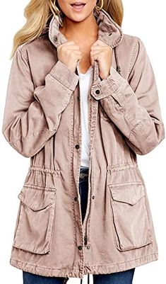 Womens Hooded Coat, Drawstring Coat, Military Jacket Women, Green Jacket Women, Womens Coats, Long Sleeve Outerwear, Anorak Jacket, Hooded Coat, Zip Up Jacket