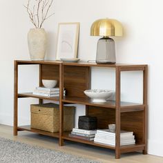 a shelf with books, vases and pictures on it in a living room area