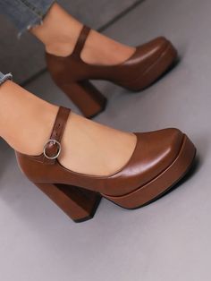 Coffee Brown Elegant Collar   Plain Mary Jane Embellished   Women Shoes How To Style Mary Jane Shoes, Shoes Academia, Platform Mary Janes Outfit, Dark Brown Heels, Brown Mary Jane Heels, Mary Janes Outfit, Cocktail Shoes, Simple Heels, Brown Mary Janes