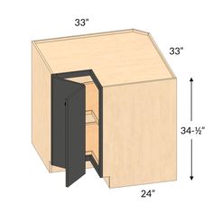 the side view of a cabinet with its door open and drawers in front of it