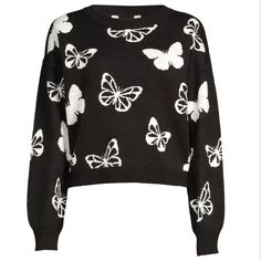 Brand New Without The Tag. Never Worn. Juniors Size S(3-5) Solid Black With White Butterflies. Midweight. Slightly Cropped. 20" Pit To Pit 20" Top To Bottom 26" Neckline To Wrist Ships Quickly From A Smoke-Free Home. White Fitted Sweater For Streetwear, Butterfly Sweater, White Butterflies, 2 Dogs, Print Sweater, White Butterfly, Life Happens, Printed Sweater, No Boundaries