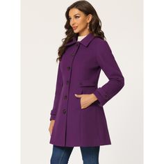 The Lapel collar design adds chic style, while the single-breasted design and a waist buckle lend a soft and elegant feel to balance the look of this coat. It features long sleeves and buttons at the cuffs, and the mid-thigh length hem drapes beautifully over a variety of different looks. No matter what look you slip it over, this textured winter coat adds a layer of warmth and finishes the refined elegant look. Chic Solid Color Wool Coat For Office, Chic Button-up Solid Color Outerwear, Chic Single-breasted Wool Coat With Stand Collar, Elegant Fitted Solid Color Pea Coat, Chic Collared Single Breasted Wool Coat, Chic Single Breasted Collared Wool Coat, Chic Long Sleeve Wool Coat With Button Closure, Solid Wool Coat With Stand Collar And Button Closure, Wool Coat With Button Closure And Stand Collar