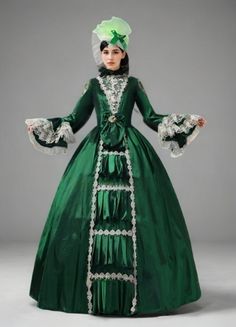 Unveil regal elegance in our Emerald Green Rococo Medieval Dress, a masterpiece crafted for the grandest occasions. This stunning gown merges the timeless allure of Victorian fashion with the opulence of Rococo aesthetics. The rich emerald fabric provides a lush backdrop for the intricate silver lace detailing that cascades through the tiers and adorns the bodice. Perfect for historical reenactments, themed weddings, or any event where making a majestic impression is a must. Each dress comes with a complementary headpiece, ensuring a polished ensemble. As an exclusive treat, each purchase of this majestic attire includes a complementary matching hat, ensuring your ensemble is as regal as a queen's. Elegant Floor-length Victorian Dress For Costume Party, Elegant Long Sleeve Victorian Dress For Fancy Dress, Elegant Fitted Ball Gown With Historical Design, Fitted Floor-length Ball Gown With Historical Design, Floor-length Fitted Ball Gown With Historical Design, Fitted Historical Design Floor-length Ball Gown, Formal Historical Floor-length Dress, Historical Design Fitted Floor-length Ball Gown, Victorian Style Ball Gown For Costume Party