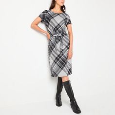 A timeless plaid pattern and a flattering fit-and-flare silhouette make this R & K Originals women's dress a winning look for your wardrobe. Made from knit fabric, it's designed with a round neckline, short fitted sleeves, a midi-length, and a tie-waist belt accentuating the figure. Wear it with knee-high boots for a chic seasonal look. Neckline: Round NeckSleeve Length: Short SleeveSleeve Style: Fitted SleeveApparel Length: 43 InchesDress Length: Midi LengthFiber Content: 97% Polyester, 3% Spa… Flare Dresses, Fitted Sleeves, Large Dress, Medium Dress, Fit N Flare Dress, Fit Flare Dress, Waist Belt, Plaid Pattern, Fit & Flare