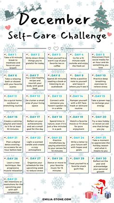 Let's have a real talk about this festive yet often overwhelming time of year. With twinkling lights, holiday gatherings, and the pressure to meet year-end goals, it's easy to get swept up in the chaos and forget about the most crucial person in the equation: you. Check out my 31-day simple self-care challenge for this month. Self Care Calendar, Selfcare Challenge, December Challenge, Self Care Challenge, Wellness Workshop, 31 Day Challenge, Practicing Self Love, Self Care Bullet Journal, Self Confidence Tips