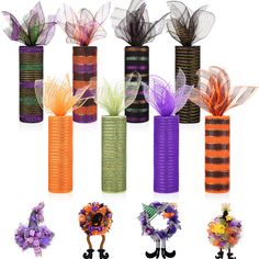 there are many different colored vases with flowers in them and ribbons on the top