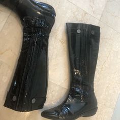 Cole Haan Knee Boots Rain-Slick Black Patent Leather Tall Boot Zipper On Side 2 Silver Round Buttons On Each Boot On Top Very Comfortable I Pre Owned - Good Condition 5042176 Ebd25446 Size 10 Made In Brazil Black Patent Leather Boots With Snip Toe, Black Patent Leather Snip Toe Boots, Black Sleek Patent Leather Boots, Black Patent Leather Boots Medium Width, Black Patent Leather Boots With Almond Toe, Black Patent Leather Almond Toe Boots, Rain Slicker, Patent Leather Boots, Tall Leather Boots