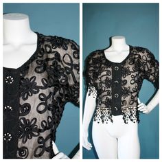 "Black formal blouse by Lili Butler. This designer 1990's evening top is made with 50% silk, 25% rayon and 25% polyester. It could easily double for a jacket. It has a button front and shoulder pads. The edges are trimmed in delicate and intricate lace. The floral 3D pattern is on a sheer base with a beige lining. The condition is excellent. Size: Medium Bust: 44\" or 112 cm Waist: 40\" or 101.5 cm Hem: 40\" or 101.5 cm Length: 21\" or 53.2 cm For a complete view of everything RalphsCloset has to offer visit             https://www.etsy.com/shop/ralphscloset/ Clothing is measured on the outside so please allow up to 2\" for optimal fit. Sleeve measurements are taken from the top of the shoulder to the end on the cuff. Length is measured from the base of the neck to the hem, top of the bodi Black Silk Top, Grey Two Piece, Black Silk Blouse, Black Silk Dress, Gold Blouse, Beaded Blouse, Black Formal, Evening Tops, Orange Pattern