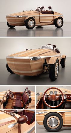 the car is made out of wood and has many different parts to it's design