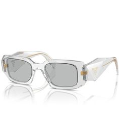 From Prada&#x2C; the Unisex PR 17WS 49mm Transparent Rectangle Sunglasses feature: Rectangle shapeAcetate frameNot Rx-ableMirrored plastic lensNon-polarized Approx. 49mm lens- 20mm bridge- 145mm temple Imported. Designer Clear Sunglasses With Polarized Lenses, Designer Clear Sunglasses For Formal Occasions, Luxury Clear Sunglasses For Formal Occasions, Luxury Clear Sunglasses For Formal Events, Designer Clear Glass Sunglasses, Luxury Clear Square Frame Sunglasses, Luxury Clear Rectangular Sunglasses, Formal Clear Sunglasses With Tinted Lenses, Modern Clear Sunglasses For Formal Occasions