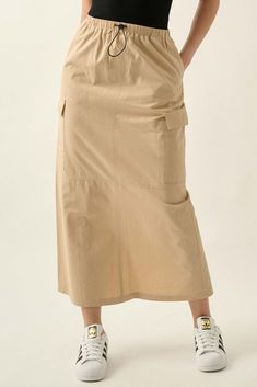 Pace Yourself Cotton Twill Cargo Maxi Skirt - ShopPromesa Pocket Skirt Outfit, Maxi Cargo Skirt, Beige Midi Skirt, Pace Yourself, Simple Summer Style, Workwear Brands, Twill Skirt, Long Denim Skirt, Cotton Midi Skirt