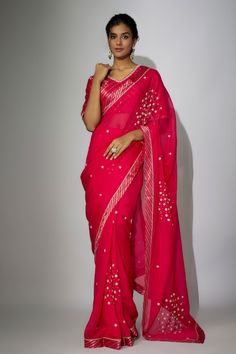 Hot pink organza saree with zardosi and marodi work. Paired with a chanderi padded blouse. - Aza Fashions Pink Pre-draped Tissue Silk Saree With Gota Work, Pink Tissue Silk Pre-draped Saree With Gota Work, Pink Organza Saree With Gota Work, Elegant Pink Pre-draped Saree With Gota Work, Pink Cotton Silk Pre-draped Saree For Reception, Pink Pre-draped Saree With Sheer Dupatta For Transitional Season, Cotton Silk Saree With Dori Work For Party, Festive Organza Pre-draped Saree With Gota Work, Transitional Season Pink Party Saree