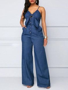 Casual V-neck Knotted Wide-leg Denim Jumpsuit – InsStreet Denim Jumpsuits, Cheap Jumpsuits, Pocket Jumpsuit, Rompers Online, Loose Jumpsuit, Fashion Bottoms, Mode Jeans, Winter Leggings, Denim Pocket