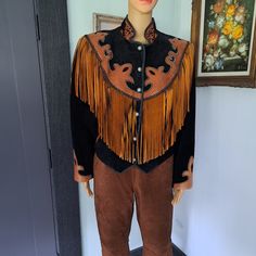 Tailored Western Suede And Leather Jacket By Diamond Leathers. Concho Snaps Front Closure. Black Suede With Tan Leather Appliques & Matching Suede Fringe Size 12 - Fit Me Perfectly At 5'5" And 132 Pounds Western Jacket, Suede Fringe, Women Diamond, Leather Fringe, Tan Color, Black And Tan, Black Suede, Tan Leather, Suede Leather