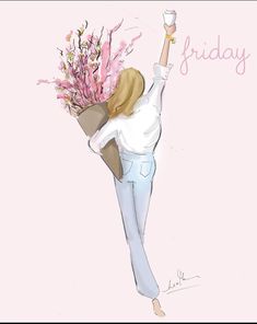 a drawing of a woman holding a bouquet of flowers in her hand and the words friday written on it