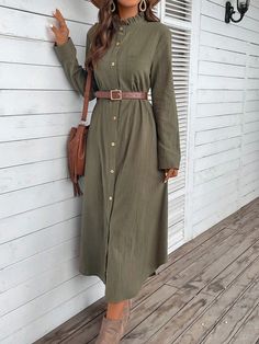 Army Green Casual Collar Long Sleeve Woven Fabric Plain Shirt Embellished Non-Stretch  Women Clothing Button Front Shirt Dress, Plain Shirt, Plain Shirts, Button Front Shirt, Army Green, Women Clothing, Woven Fabric, Casual Looks, Shirt Dress