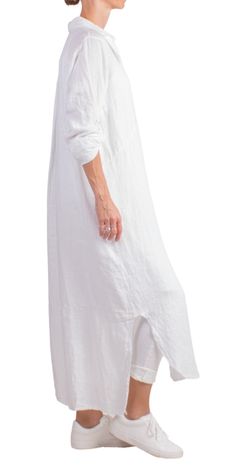 Long Button Down Collared Linen Dress with Cuffed Sleeves. May Be Worn As a Dress Or a Long Jacket. 100% Linen Made in Italy One Size Model 5'8" Long Sleeve Maxi Dress With Button Cuffs For Daywear, Spring Lagenlook Dress With Buttons, Long Lagenlook Dress For Daywear, Elegant Tunic Dress With Buttons, Fitted Maxi Dress With Button Cuffs For Daywear, Daywear Linen Dress With Button Closure, Linen Daywear Dress With Button Cuffs, Relaxed Fit Linen Dress With Button Cuffs, Long Sleeve Linen Dress With Button Closure