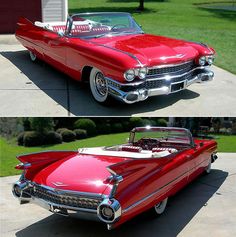 an old red convertible car parked in front of a garage with the top down and the bottom up