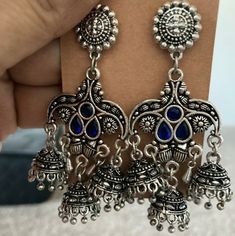 Oxidised/ German Silver Earrings Blue Metal Earrings With Latkans, Blue Metal Earrings For Festive Occasions, Abalone Earrings, Ghost Earrings, Owl Earrings, Snowflake Earrings, Open Hoop Earrings, Jasper Earrings, Crystal Dangle Earrings