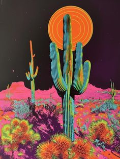 an image of a cactus in the desert at night with bright colors and sun above it