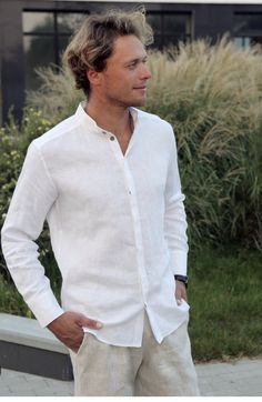 White Linen Shirt Khaki Pants Men Wedding, Elegant Linen Beach Shirt, Bohemian Groom Attire, Beach Wedding Groom Attire Linen, Mens Linen Shirt Outfit, Mens White Linen Shirt, White Linen Shirt Outfit, Linen Outfit Men, White Linen Shirt Men