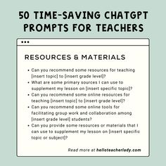 a poster with the text 50 time - saving chats for teachers resources & materials