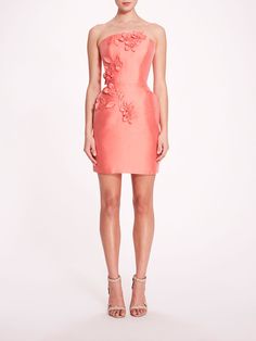 Floral Mikado Mini Dress | Marchesa Elegant A-line Mini Dress With Floral Embroidery, Elegant Floral Applique Mini Dress For Cocktail, Evening Mini Dress With Floral Embroidery, Elegant Cocktail Mini Dress With Floral Applique, Chic Cocktail Dress With Floral Applique, Floral Embellished Mini Dress For Wedding, Floral Applique Mini Dress For Evening, Silk Evening Dress With Floral Applique, Silk Dress With Floral Applique For Evening