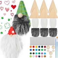 an assortment of crafting supplies including gnome hats