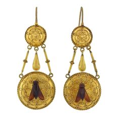 For Sale on 1stDibs - An unusual and exquisite pair of earrings from the Victorian (ca1880s) era! Crafted in blooming 18kt yellow gold, these superb earrings begin with a simple Fly Earrings, Black Cat Superstition, Ancient Jewels, Rope Border, Poison Ring, Earring Wire, Chandbali Earrings, Gold Legs, Gold Disc