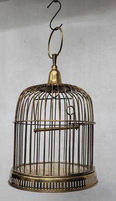 an antique brass birdcage hanging on a white wall