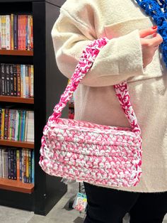 Crochet shoulder bag Trendy Yarn Bag For Everyday Use, Trendy Yarn Bags For Everyday Use, Rectangular Crochet Bag For Everyday, Rectangular Crochet Everyday Bag, Rectangular Crochet Yarn Bag For Everyday Use, Hand Knitted Pink Bags For Gifts, Pink Hand Knitted Bags For Gifts, Pink Crochet Woven Bag Perfect For Gifts, Handmade Pink Crochet Shoulder Bag