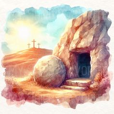 a watercolor painting of a cave with a cross in the background