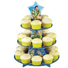 the toy story cupcakes are stacked on top of each other