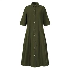 Women's Summer Holiday Dress Stand Collar Mid Sleeve Solid Midi Shirt Dress Collared Cotton Shirt Dress In Solid Color, Summer Cotton Solid Color Shirt Dress, Summer Cotton Shirt Dress In Solid Color, Green Solid Color Shirt Dress For Summer, Summer Green Solid Color Shirt Dress, Cotton Solid Color Shirt Dress For Summer, Cotton Button-up Solid Color Dresses, Casual Collared Shirt Dress In Solid Color, Casual Collared Solid Color Shirt Dress