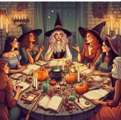 a group of women sitting around a table with books and witches hats on top of it