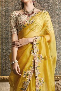 Shop for Prisho Yellow Silk Floral Embroidered Saree With Blouse for Women Online at Aza Fashions Yellow Embroidery Saree, Holud Outfit, Reception Saree Look, Sparkly Makeup, Sarees For Girls, Indian Bridal Sarees, Cotton Saree Designs, Latest Bridal Dresses, 27 Dresses