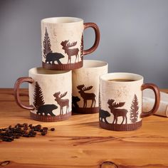 Forest Trails. Coffee Mugs Tumblers, Rustic Mug Set, Glassware Crafts Mountain, Moose Shaped Mug, Coffee Mugs Cabin, Woodland Animal Mugs, Forest Themed Wedding Dishes, Forest Pottery Decal, Lodge Decor Kitchen