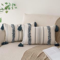 two pillows on a couch with a book and plant in the backgrouund