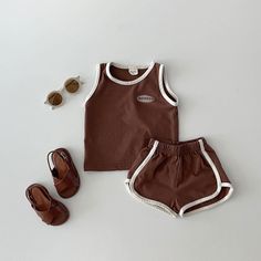 Playful Summer Sets With Letter Print, Summer Playful Letter Print Sets, Playful Summer Letter Print Sets, Cute Letter Print Summer Sets, Cute Brown Cotton Set, Summer Letter Print Sets For Playtime, Summer Playtime Sets With Letter Print, Summer Letter Print Playtime Set, Summer Cotton Playwear Sets