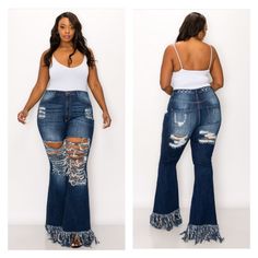 Plus/Curvy Distressed Thigh Front And Back Flare Tassel Hem Jeans. Rise : 13 1/2" Inseam : 34" 1xl Waist : 34" Hip : 45" 2xl - W 36" / Hip : 47" 3xl - W 38” / Hip : 49” 99% Cotton 1% Spandex Fringe Hem Jeans, Hem Jeans, Jeans Distressed, Jeans Color, Colored Jeans, Flare Jeans, Women Jeans, Wide Leg, Color Blue