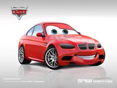 a red car with eyes and nose on it's face, in front of a white background